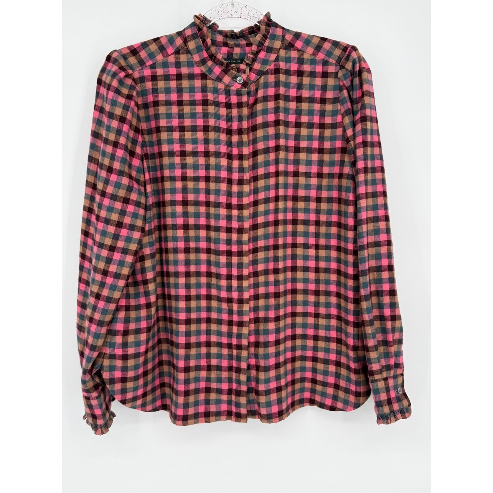 Ann Taylor Plaid Button Up Shirt Ruffle Collar Long Sleeve Women Size M